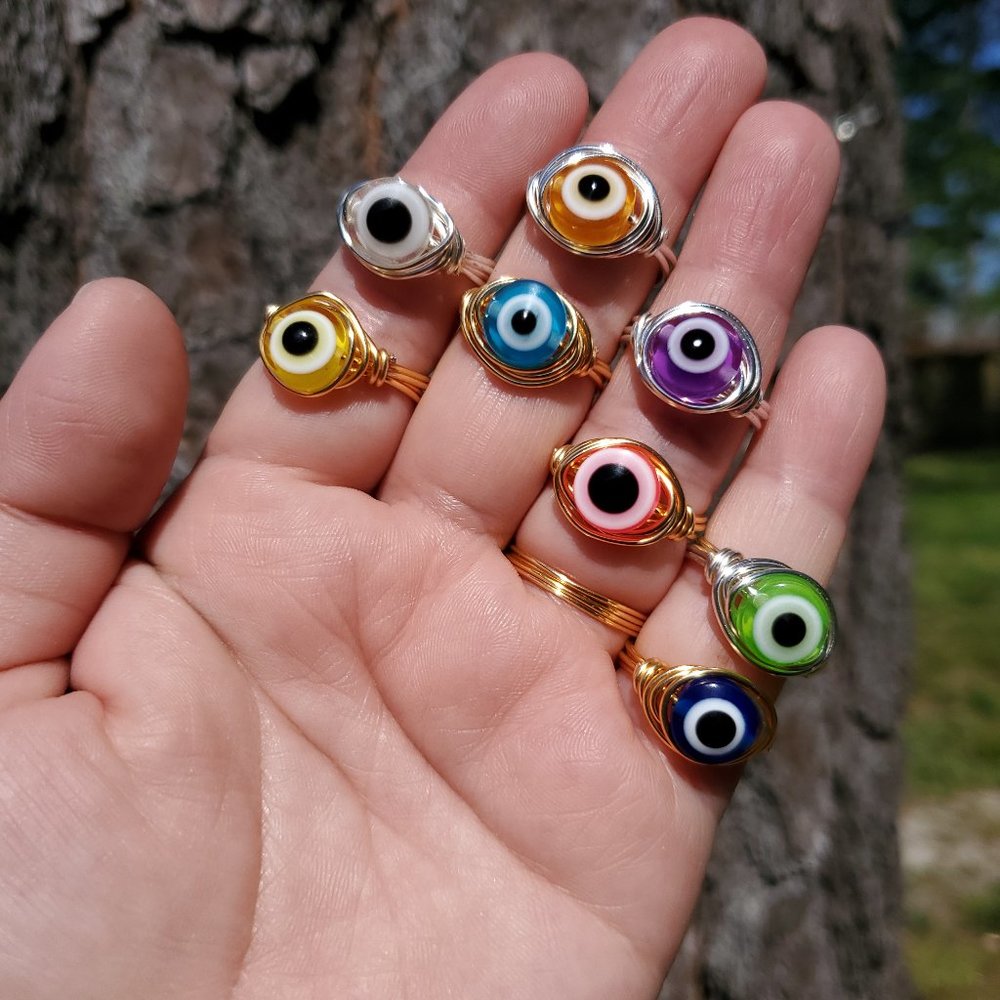 Evil eye wire wrapped rings